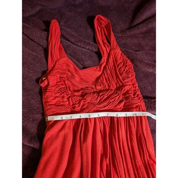 KISCHE Women's Mini Dress Stretch Ruched Empire Waist Sz M Solid Red Orange - Picture 4 of 7